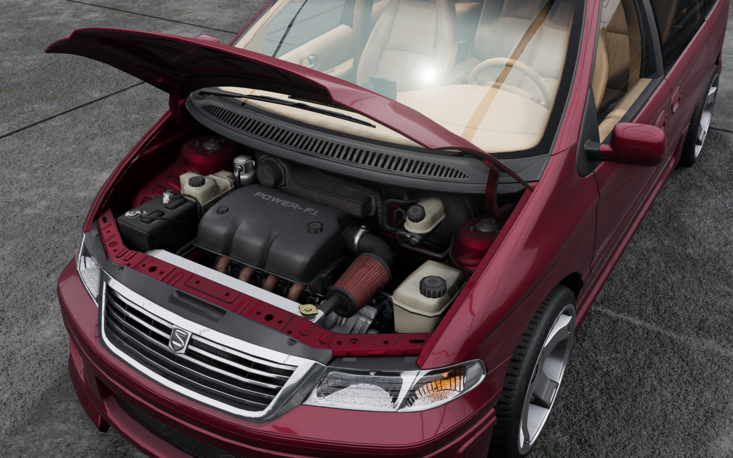 Engine bay view of a customised Soliad Lansdale (fictional minivan from BeamNG.Drive)